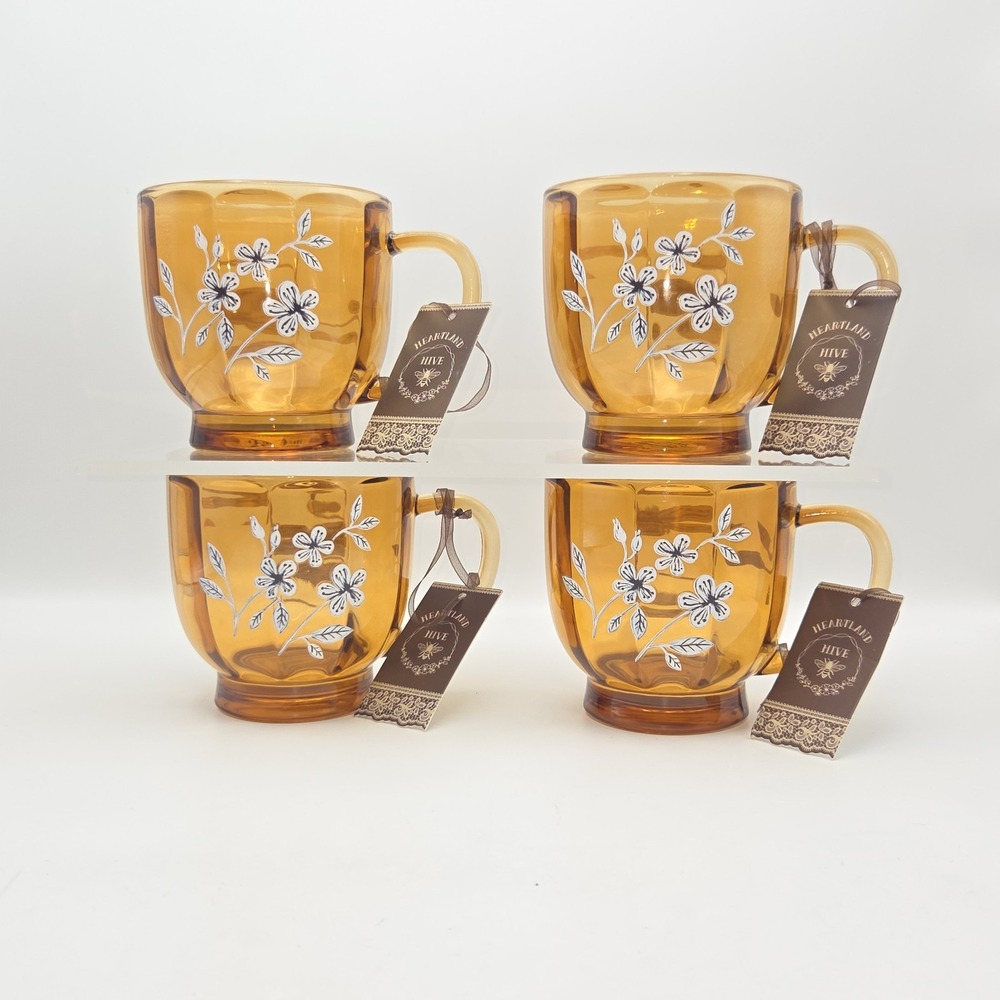 Heartland Hive Amber Glass Mugs Set of 4 Floral 16 oz Fall Kitchen Autumn Table